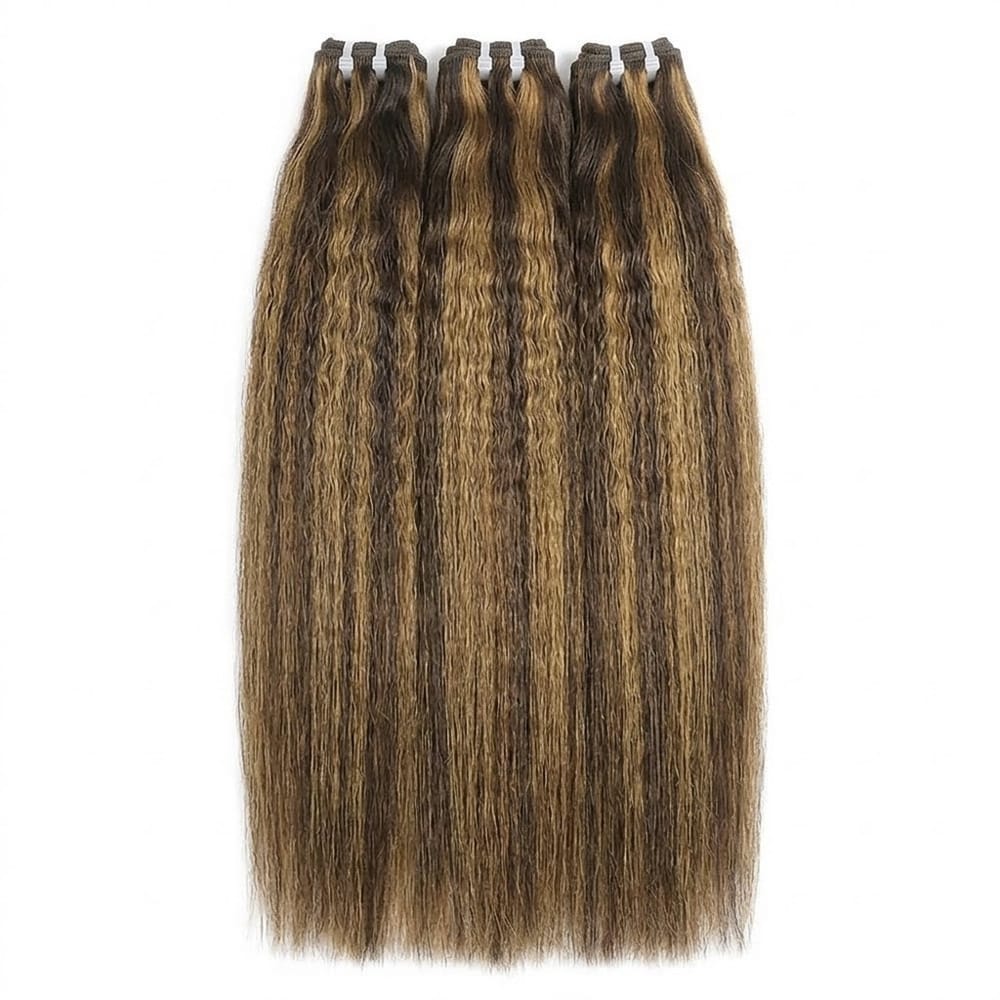 Kinky Stragiht Luxury Natural Hair Weft – 100% Virgin Human Hair / Wig Honey Blonde Highlights LINKTOWIG