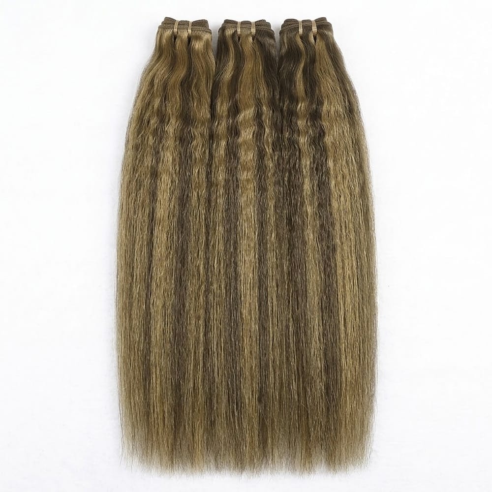 Kinky Stragiht Luxury Natural Hair Weft – 100% Virgin Human Hair / Wig Honey Blonde Highlights LINKTOWIG