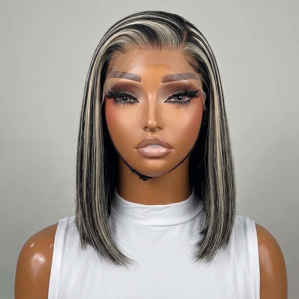 Straight Bob Side Part HD Lace Front Wig 100% Virgin Human Hair / Black and grey blended highlights LINKTOWIG