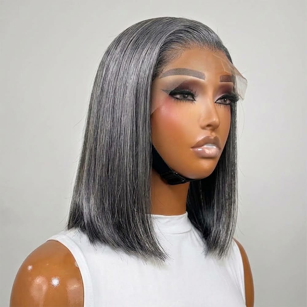 Straight Bob Side Part HD Lace Front Wig 100% Virgin Human Hair / Charcoal Grey LINKTOWIG