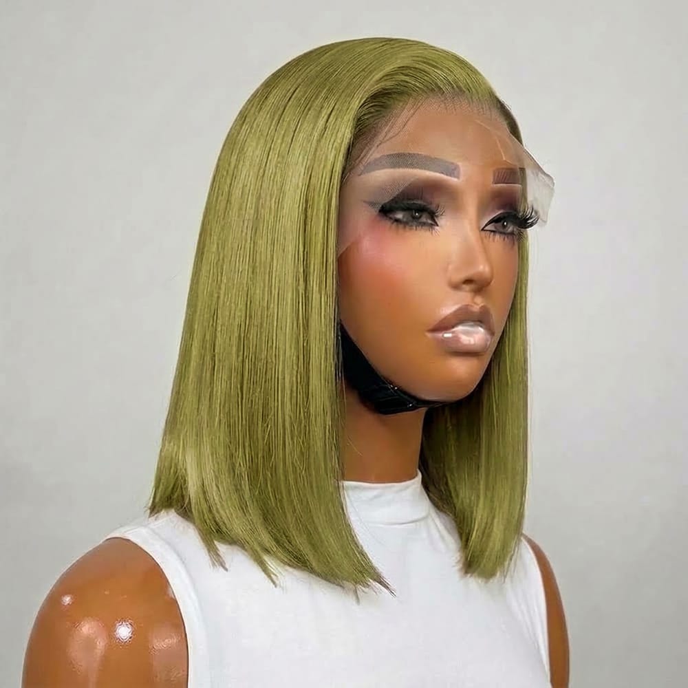 Straight Bob Side Part HD Lace Front Wig 100% Virgin Human Hair / Olive Green Blonde LINKTOWIG