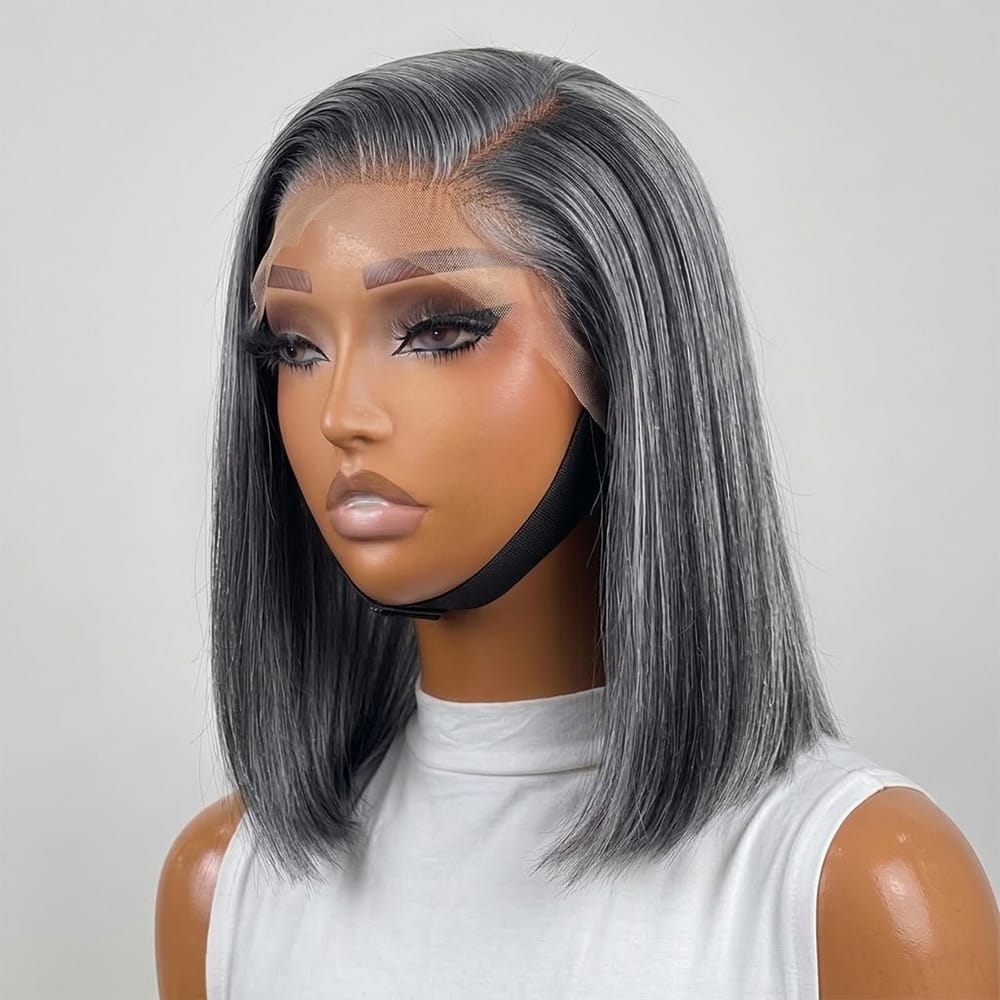 Straight Bob Side Part HD Lace Front Wig 100% Virgin Human Hair / Silver Grey LINKTOWIG