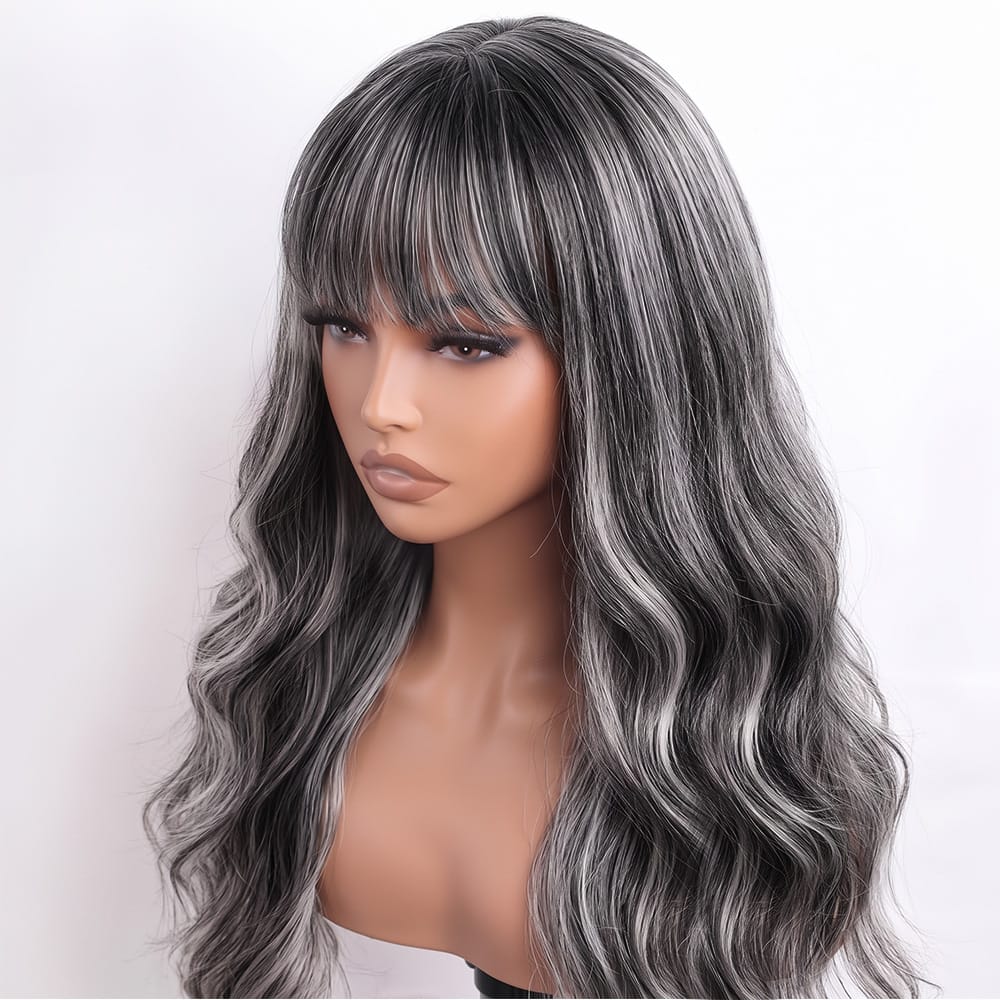Body Wave Human Hair Wig with Bangs 100% Human Hair Wig – Bangs Style Silver Grey LINKTOWIG