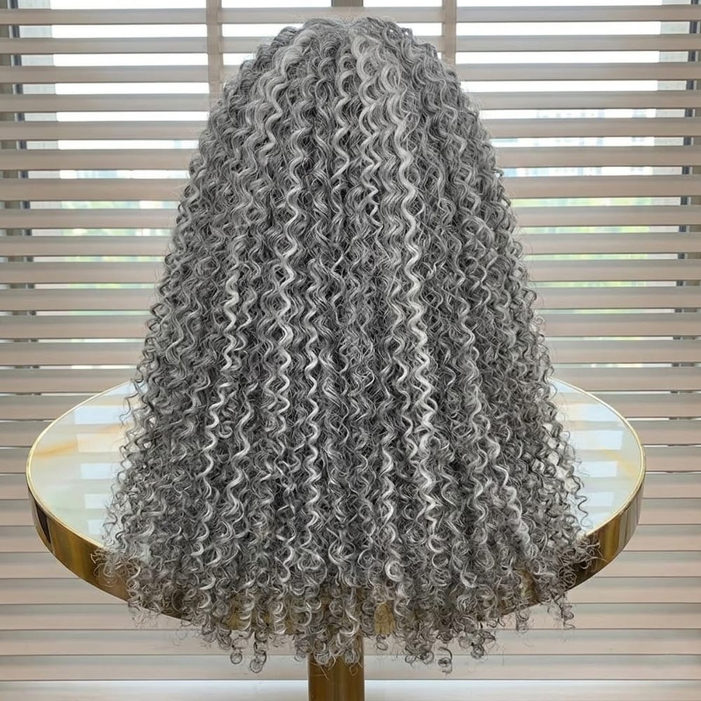 Afro Kinky Curly HD Lace Super Natural Lace Frontal Human Hair Wigs Light Charcoal Grey LINKTOWIG
