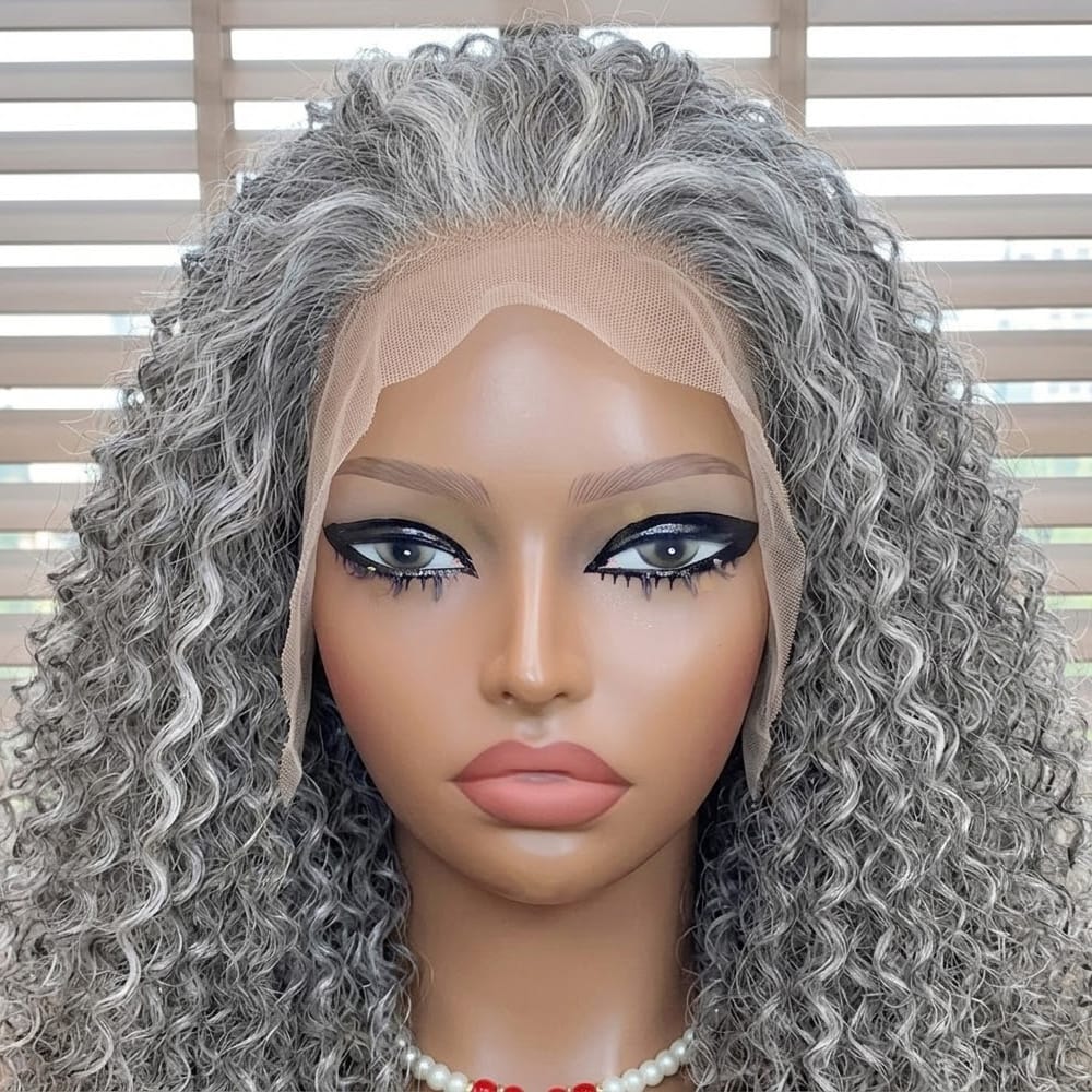 Afro Kinky Curly HD Lace Super Natural Lace Frontal Human Hair Wigs Light Charcoal Grey LINKTOWIG