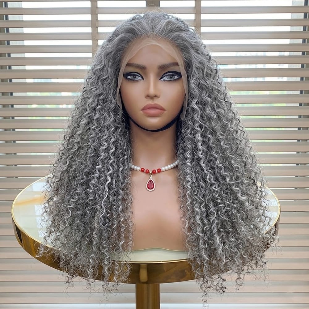 Afro Kinky Curly HD Lace Super Natural Lace Frontal Human Hair Wigs Light Charcoal Grey LINKTOWIG