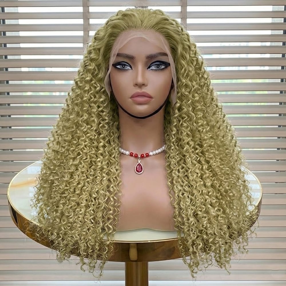 Afro Kinky Curly HD Lace Super Natural Lace Frontal Human Hair Wigs Olive Green Blonde LINKTOWIG