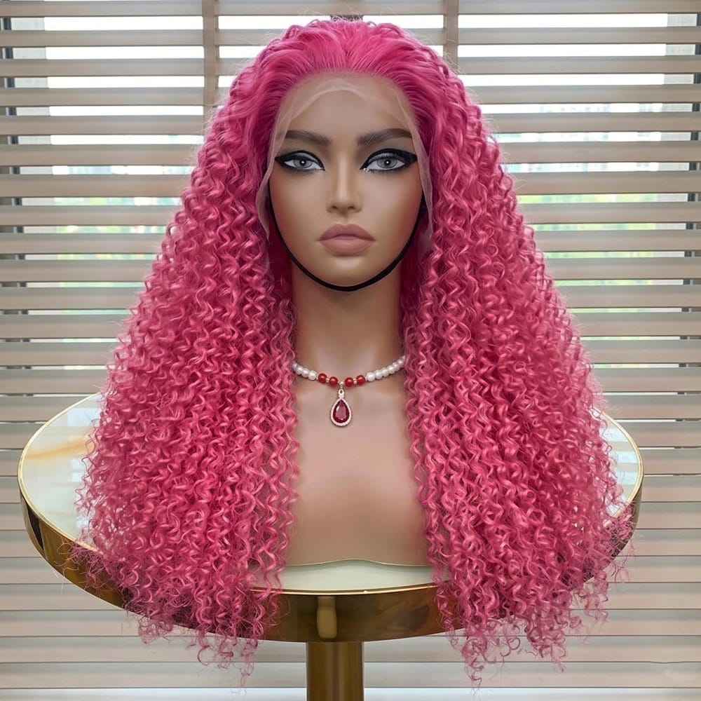 Afro Kinky Curly HD Lace Super Natural Lace Frontal Human Hair Wigs pink LINKTOWIG