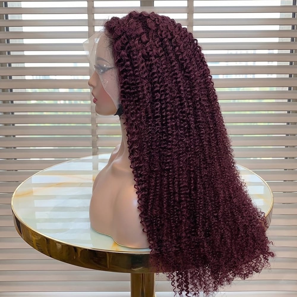 Afro Kinky Curly HD Lace Super Natural Lace Frontal Human Hair Wigs Purplish-red LINKTOWIG