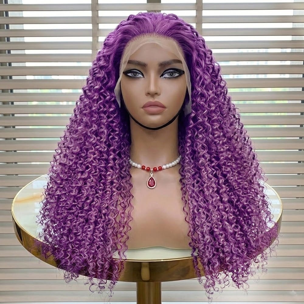 Afro Kinky Curly HD Lace Super Natural Lace Frontal Human Hair Wigs Violet Purple LINKTOWIG