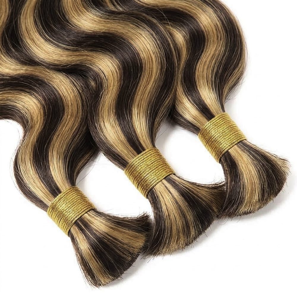 Body Wave 100% Raw Virgin  Human Hair Bundles - (No Weft) Bulk Hair  3 Bundles / Honey Blonde Highlights LINKTOWIG
