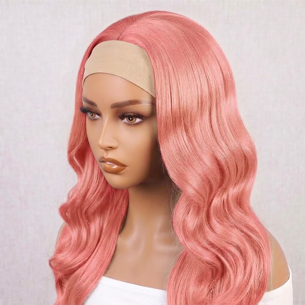 Body Wave Headband Human Hair Wig (Glueless, Ready-to-Wear) Natural Bubblegum Pink LINKTOWIG