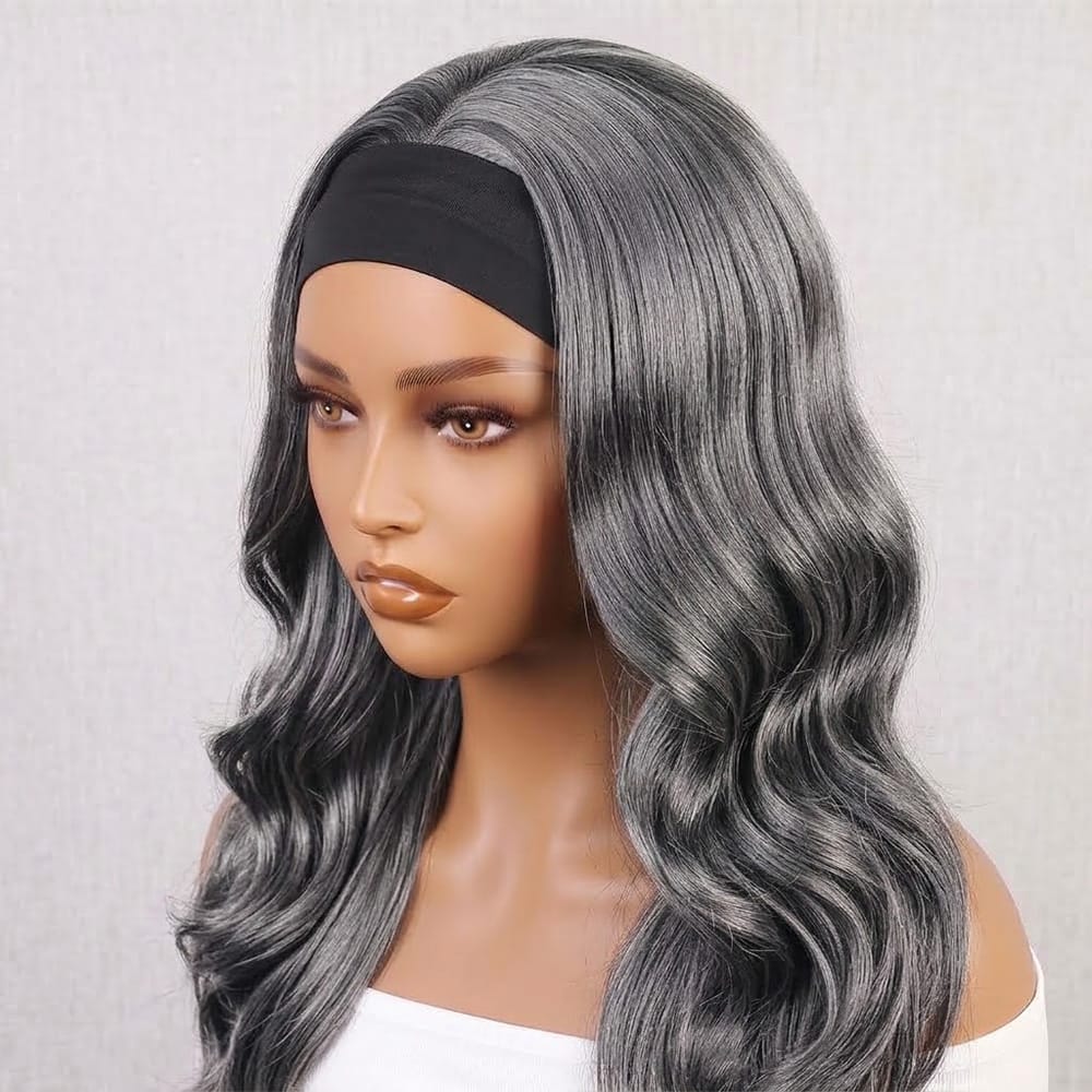 Body Wave Headband Human Hair Wig (Glueless, Ready-to-Wear) Natural Charcoal Grey LINKTOWIG