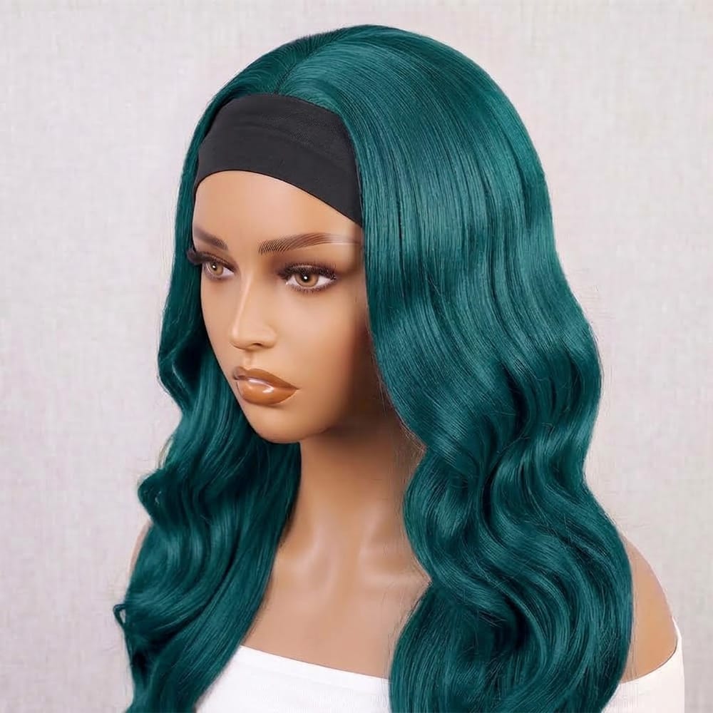 Body Wave Headband Human Hair Wig (Glueless, Ready-to-Wear) Natural Teal Green LINKTOWIG