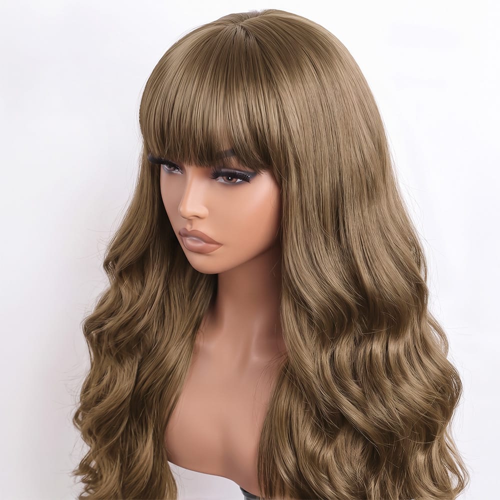 Body Wave Human Hair Wig with Bangs 100% Human Hair Wig – Bangs Style Ash Brown LINKTOWIG