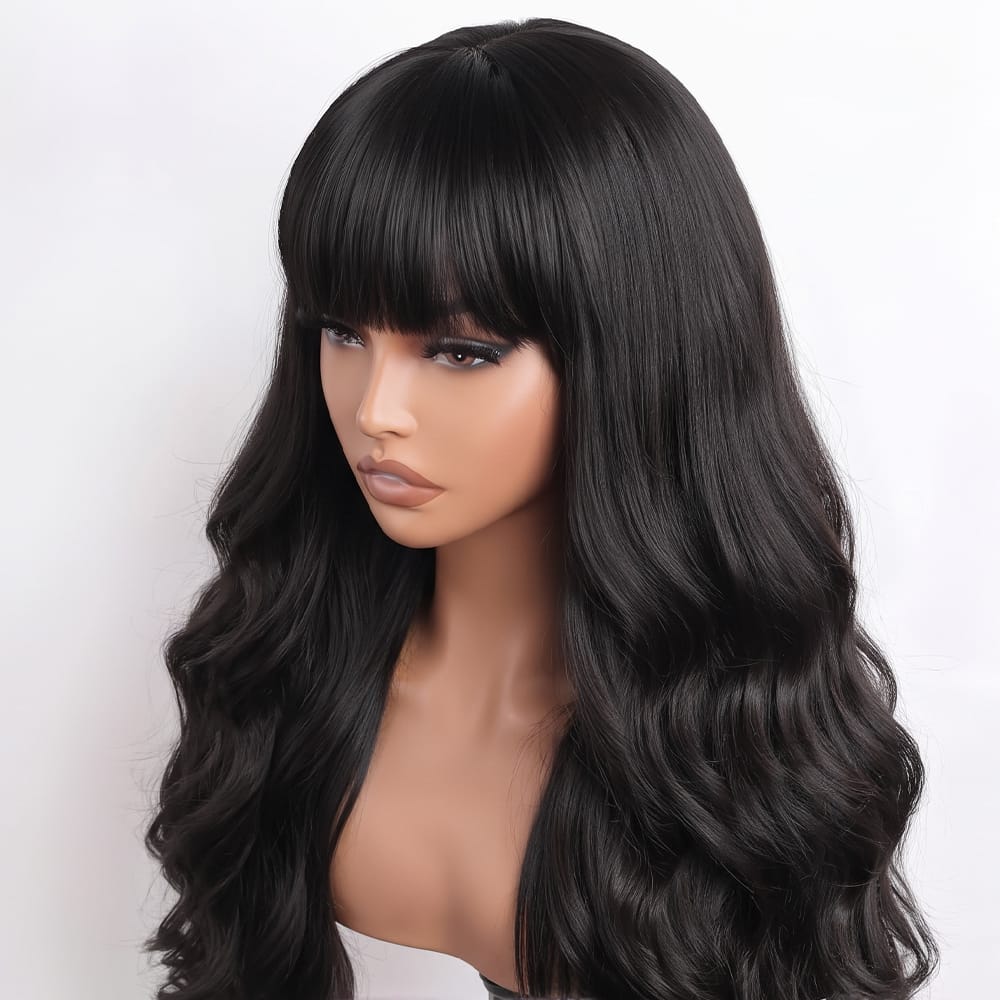 Body Wave Human Hair Wig with Bangs 100% Human Hair Wig – Bangs Style Black LINKTOWIG