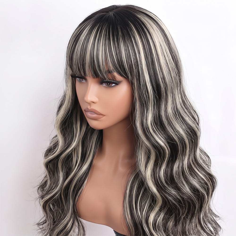 Body Wave Human Hair Wig with Bangs 100% Human Hair Wig – Bangs Style Black and grey blended highlights LINKTOWIG