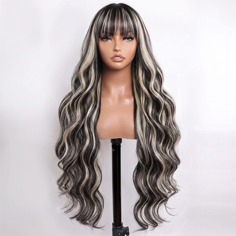 Body Wave Human Hair Wig with Bangs 100% Human Hair Wig – Bangs Style Black and grey blended highlights LINKTOWIG