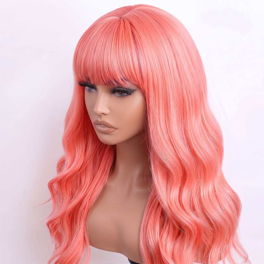 Body Wave Human Hair Wig with Bangs 100% Human Hair Wig – Bangs Style Bubblegum Pink LINKTOWIG