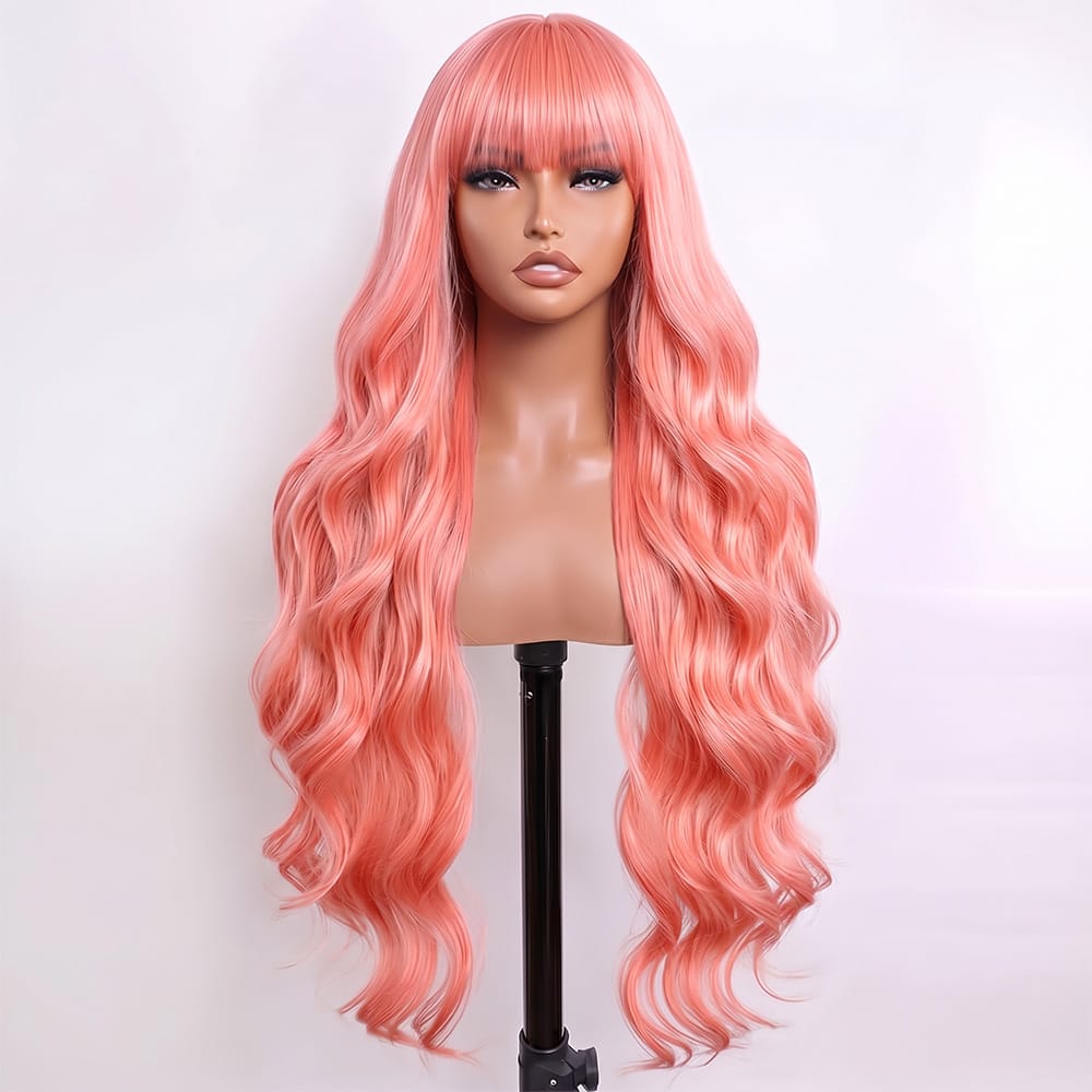 Body Wave Human Hair Wig with Bangs 100% Human Hair Wig – Bangs Style Bubblegum Pink LINKTOWIG
