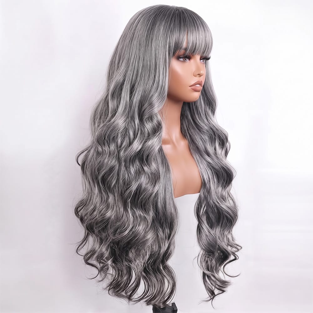 Body Wave Human Hair Wig with Bangs 100% Human Hair Wig – Bangs Style Charcoal Grey LINKTOWIG