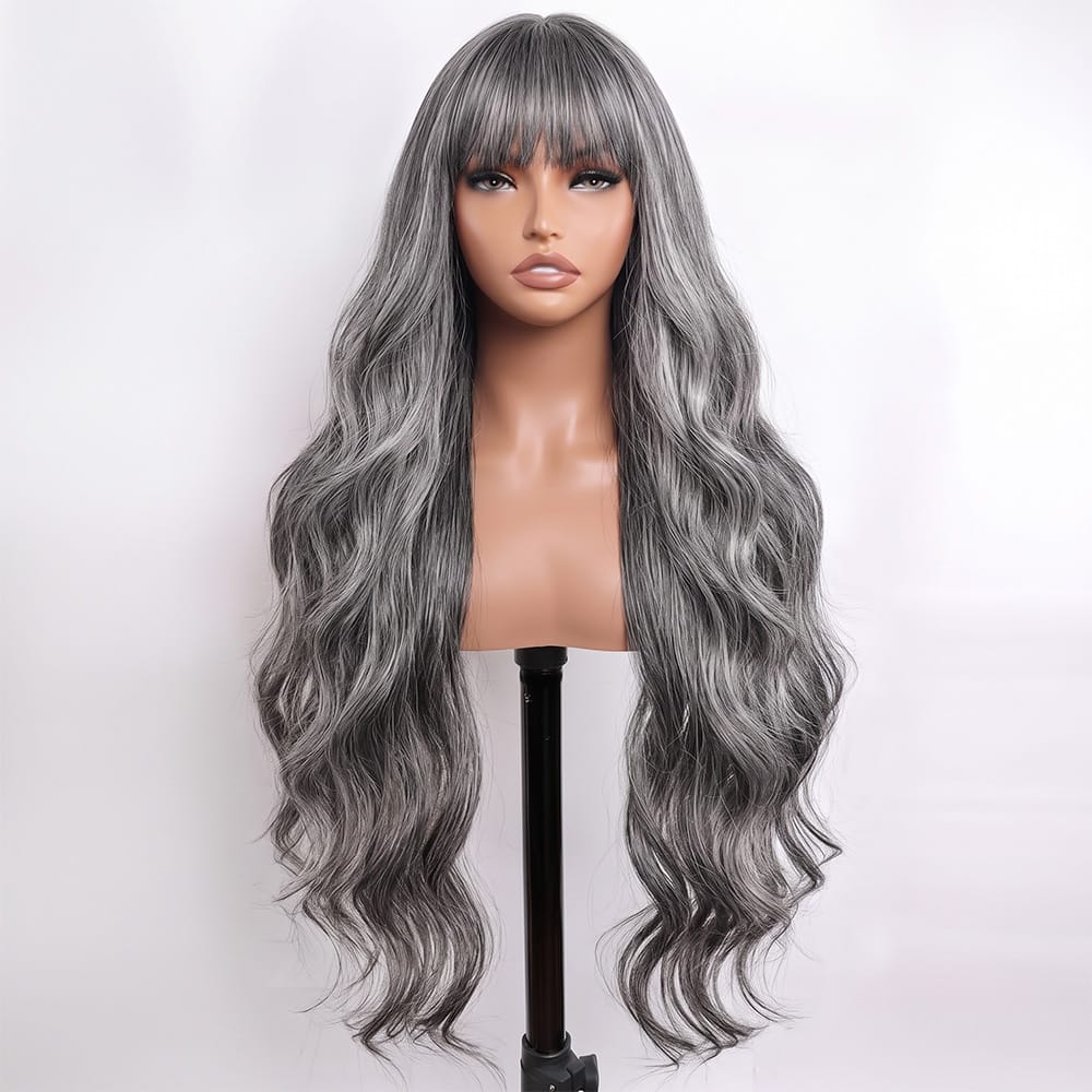 Body Wave Human Hair Wig with Bangs 100% Human Hair Wig – Bangs Style Charcoal Grey LINKTOWIG