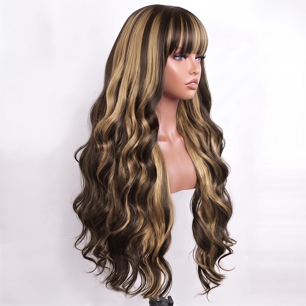 Body Wave Human Hair Wig with Bangs 100% Human Hair Wig – Bangs Style Chocolate Brown LINKTOWIG