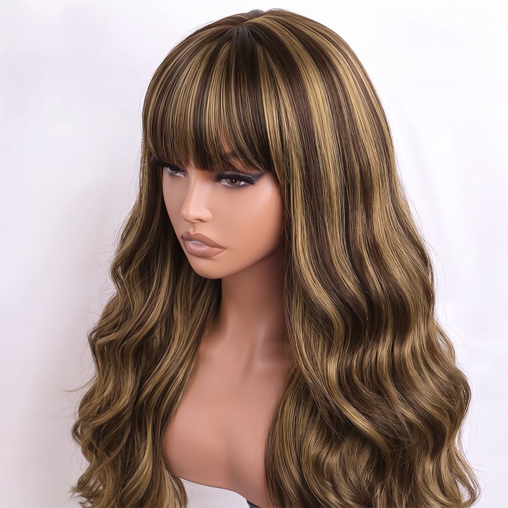Body Wave Human Hair Wig with Bangs 100% Human Hair Wig – Bangs Style Chocolate Brown LINKTOWIG