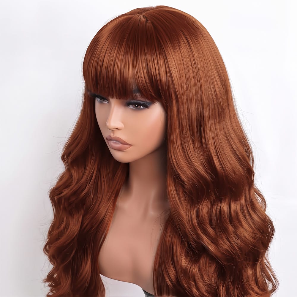 Body Wave Human Hair Wig with Bangs 100% Human Hair Wig – Bangs Style Copper Orange LINKTOWIG
