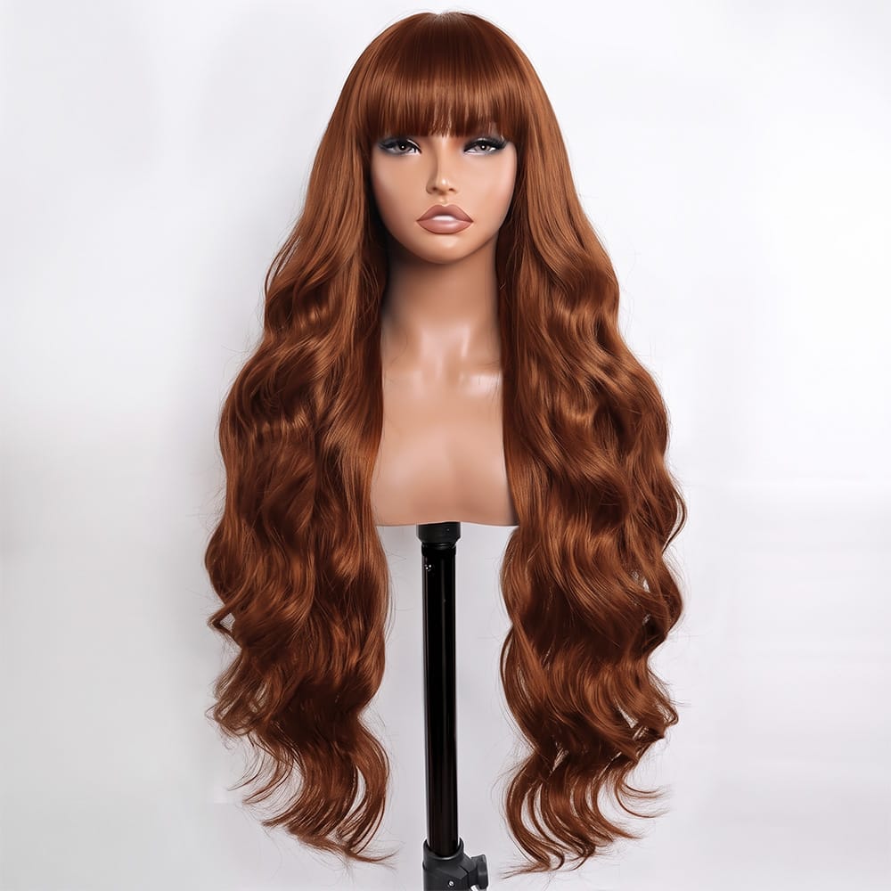 Body Wave Human Hair Wig with Bangs 100% Human Hair Wig – Bangs Style Copper Orange LINKTOWIG