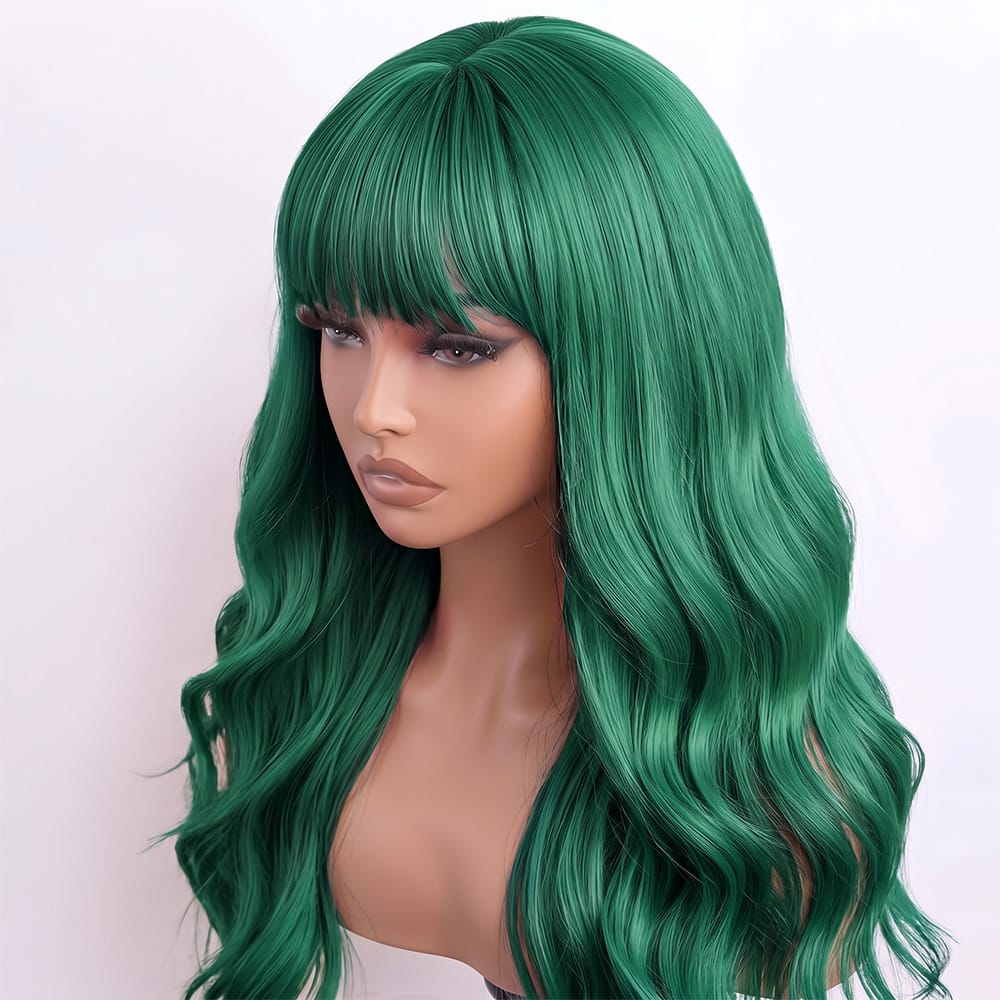 Body Wave Human Hair Wig with Bangs 100% Human Hair Wig – Bangs Style Dark Emerald Green LINKTOWIG