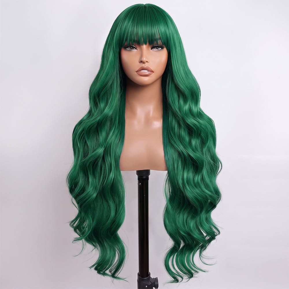 Body Wave Human Hair Wig with Bangs 100% Human Hair Wig – Bangs Style Dark Emerald Green LINKTOWIG