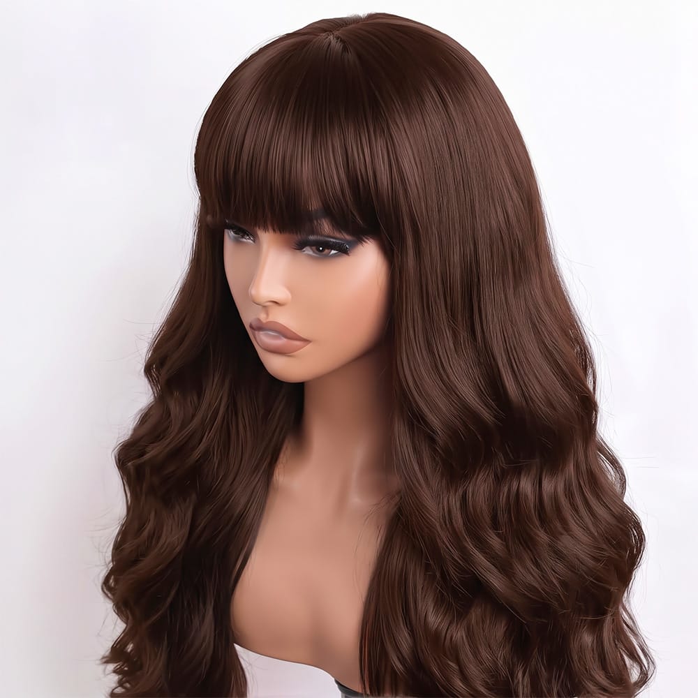 Body Wave Human Hair Wig with Bangs 100% Human Hair Wig – Bangs Style Espresso Brown LINKTOWIG