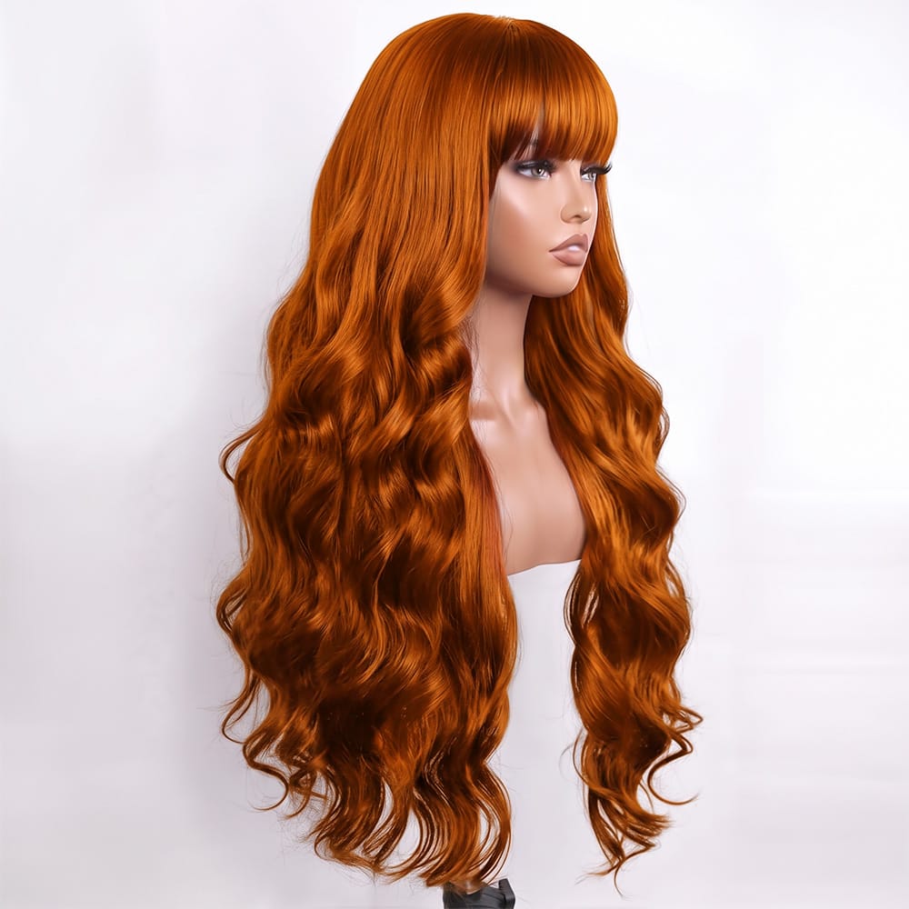 Body Wave Human Hair Wig with Bangs 100% Human Hair Wig – Bangs Style Ginger Orange LINKTOWIG