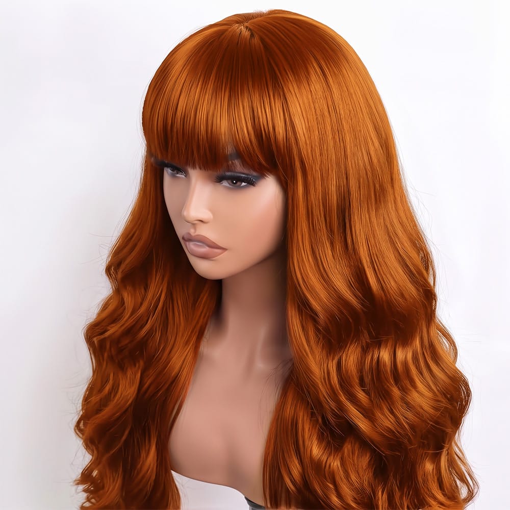 Body Wave Human Hair Wig with Bangs 100% Human Hair Wig – Bangs Style Ginger Orange LINKTOWIG