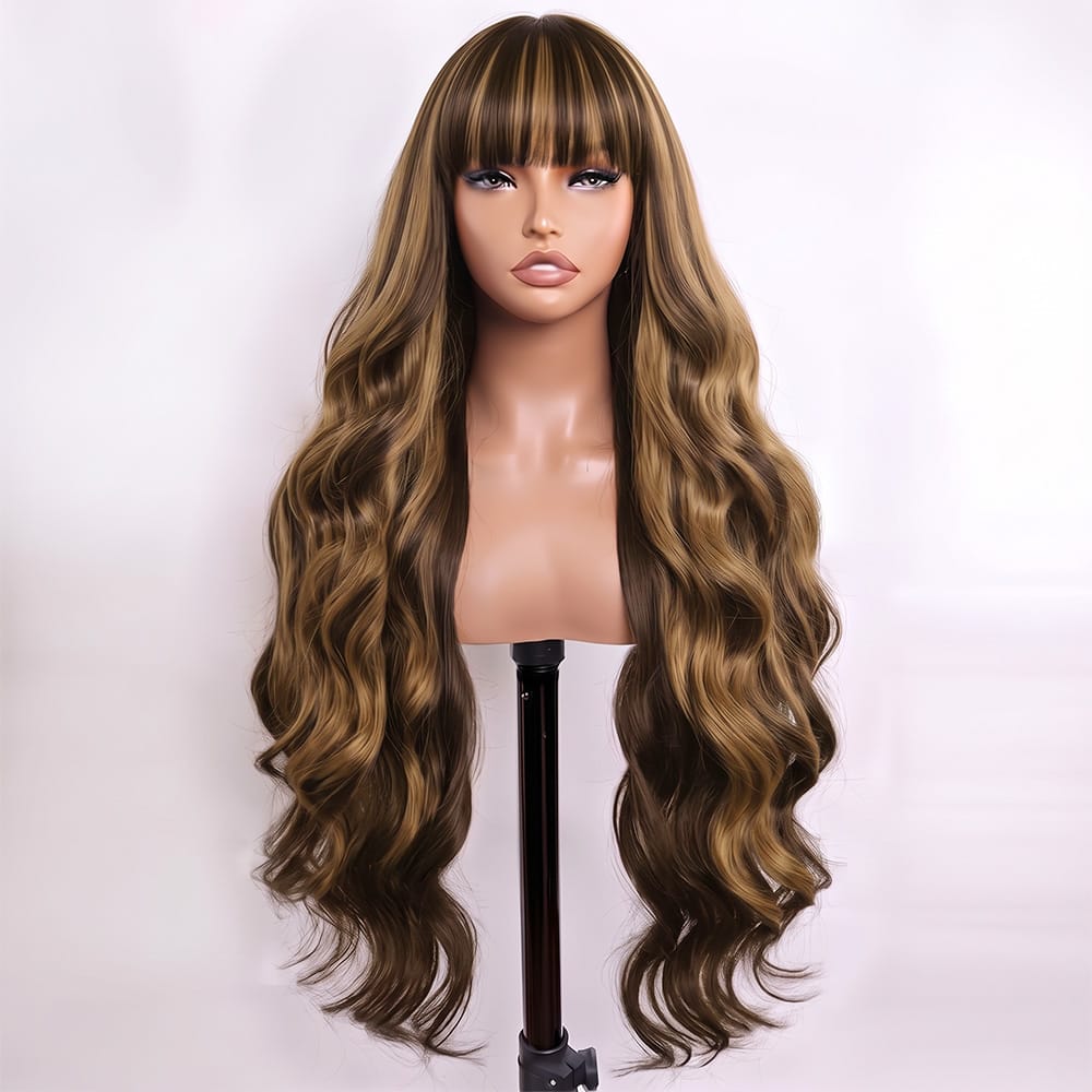 Body Wave Human Hair Wig with Bangs 100% Human Hair Wig – Bangs Style Honey Blonde Highlights LINKTOWIG