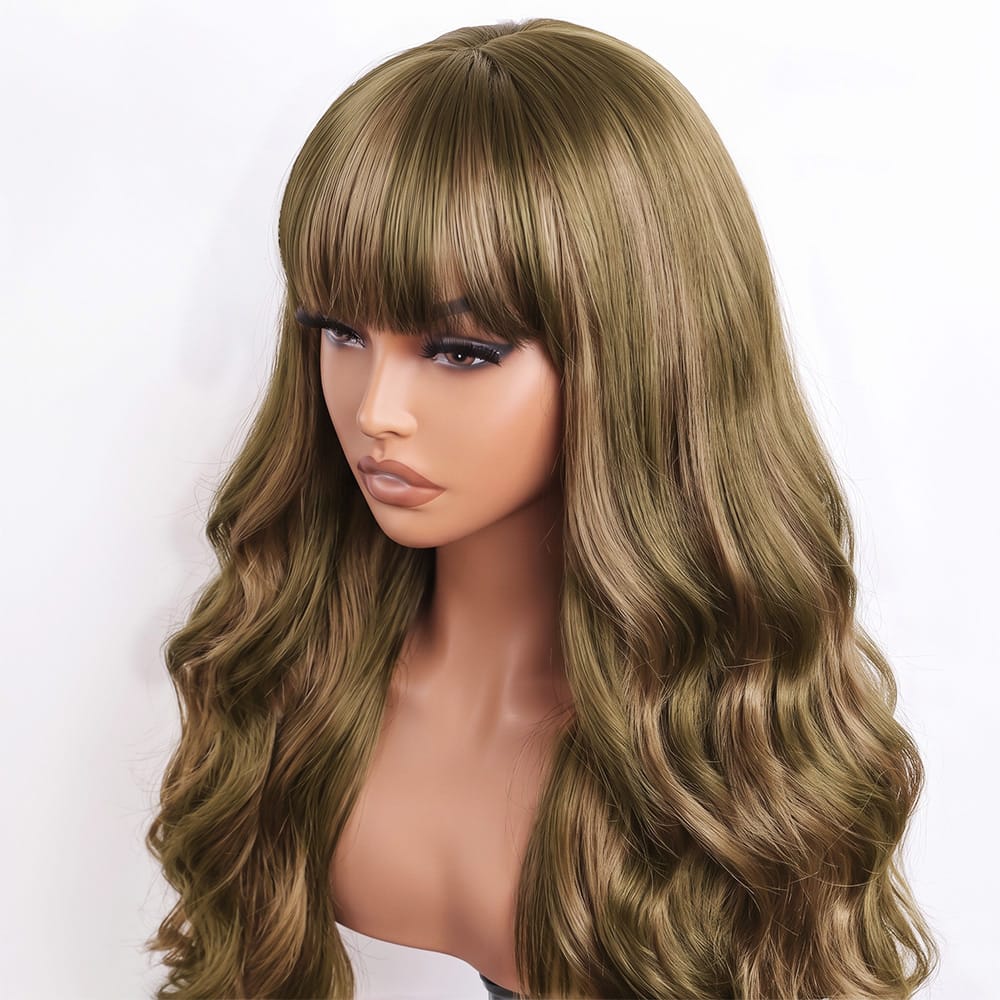 Body Wave Human Hair Wig with Bangs 100% Human Hair Wig – Bangs Style Honey Brown LINKTOWIG