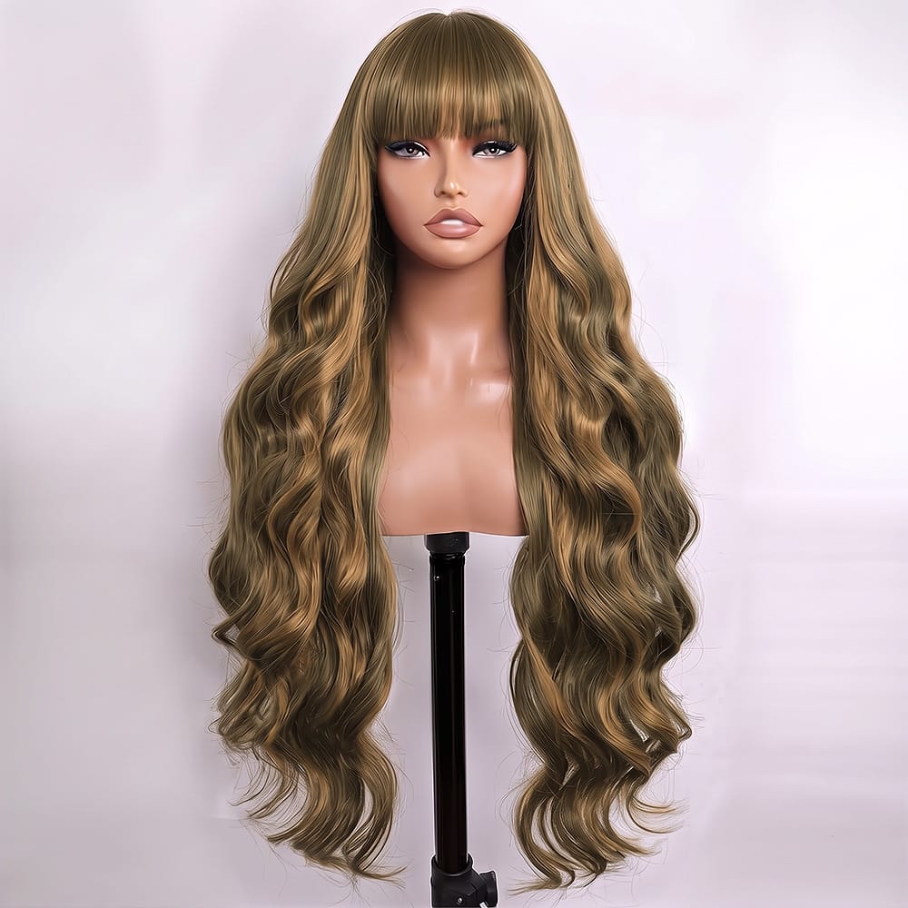 Body Wave Human Hair Wig with Bangs 100% Human Hair Wig – Bangs Style Honey Brown LINKTOWIG