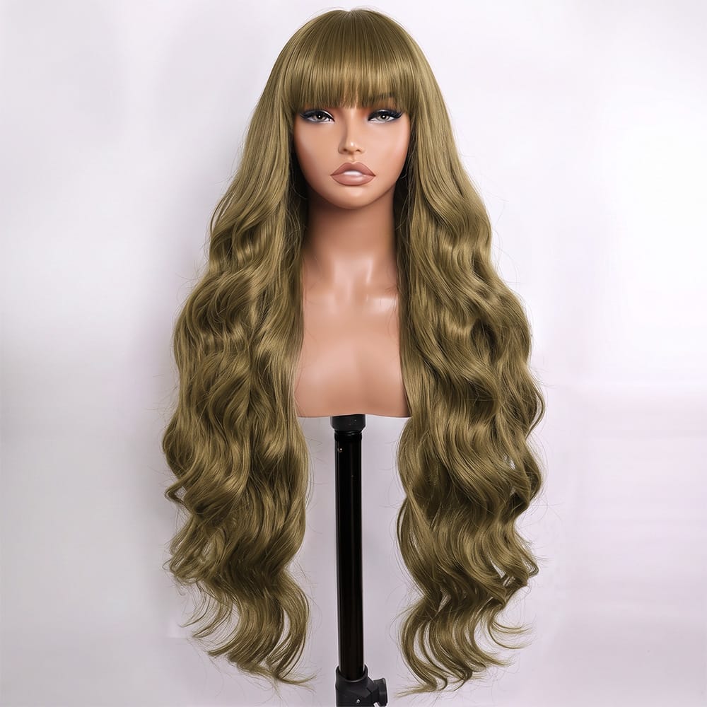 Body Wave Human Hair Wig with Bangs 100% Human Hair Wig – Bangs Style Medium Chestnut Brown LINKTOWIG