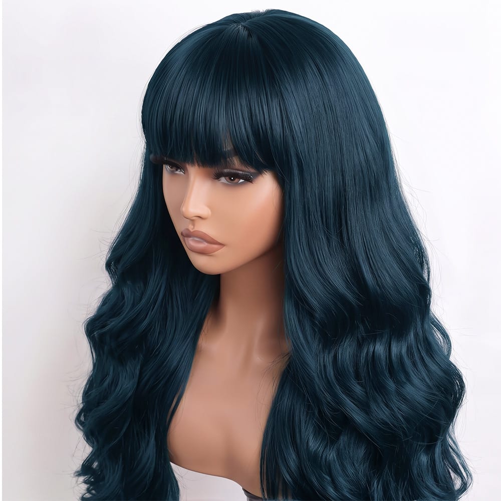 Body Wave Human Hair Wig with Bangs 100% Human Hair Wig – Bangs Style Midnight Blue LINKTOWIG