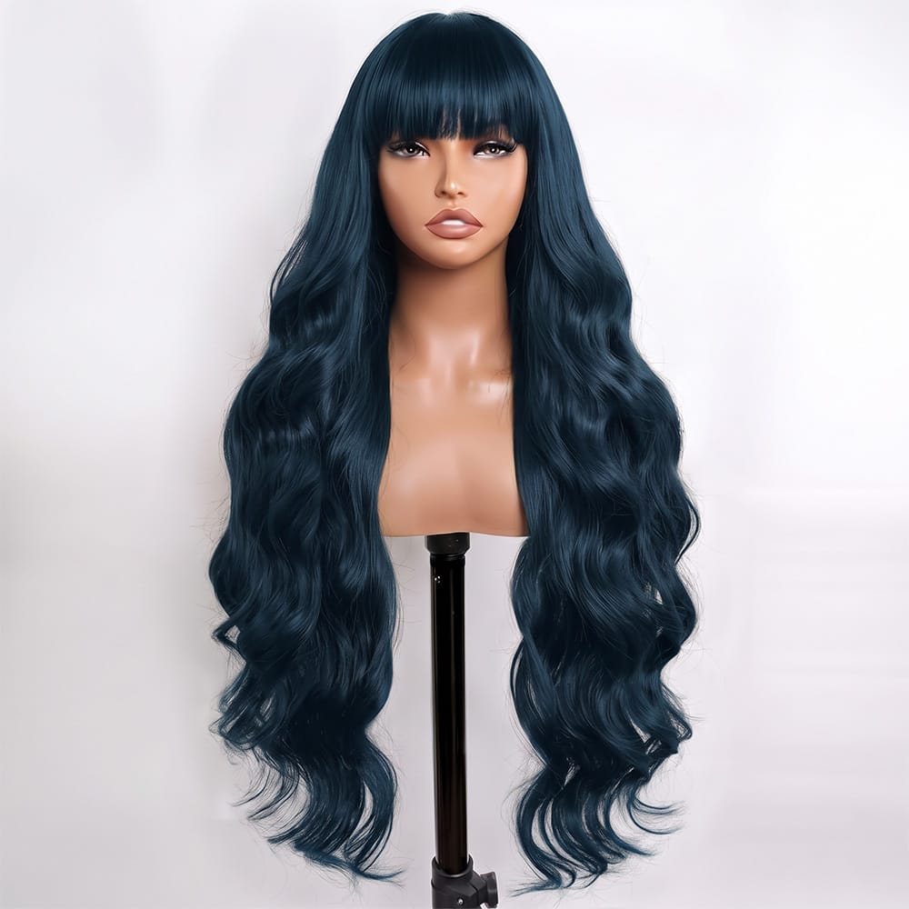 Body Wave Human Hair Wig with Bangs 100% Human Hair Wig – Bangs Style Midnight Blue LINKTOWIG