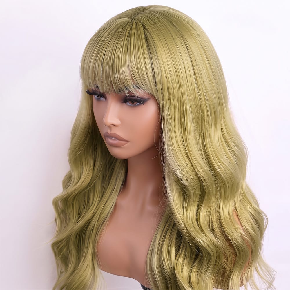 Body Wave Human Hair Wig with Bangs 100% Human Hair Wig – Bangs Style Olive Green Blonde LINKTOWIG
