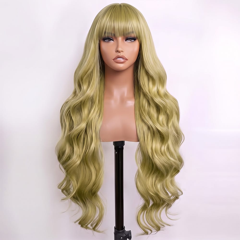 Body Wave Human Hair Wig with Bangs 100% Human Hair Wig – Bangs Style Olive Green Blonde LINKTOWIG