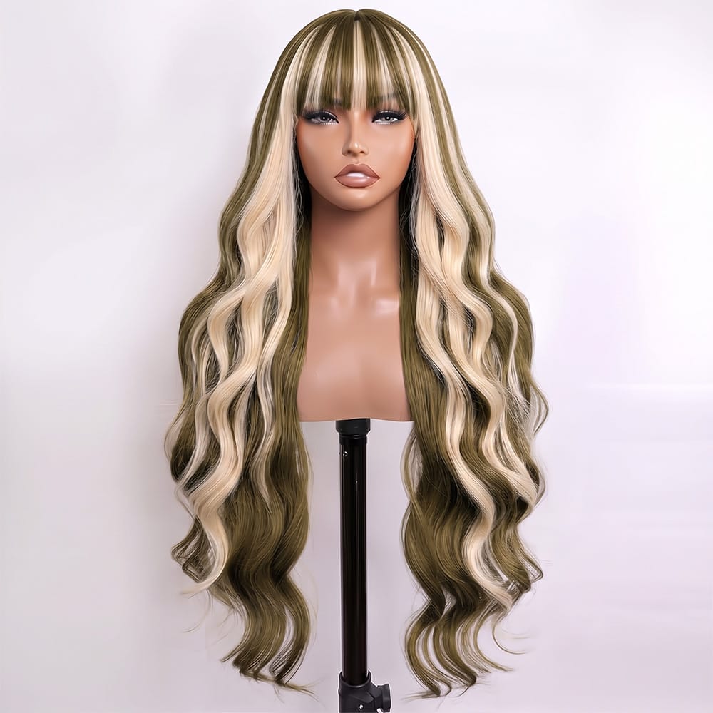 Body Wave Human Hair Wig with Bangs 100% Human Hair Wig – Bangs Style Piano Highlight Silver Grey LINKTOWIG
