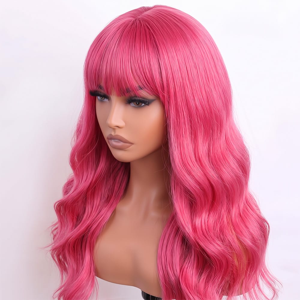 Body Wave Human Hair Wig with Bangs 100% Human Hair Wig – Bangs Style pink LINKTOWIG