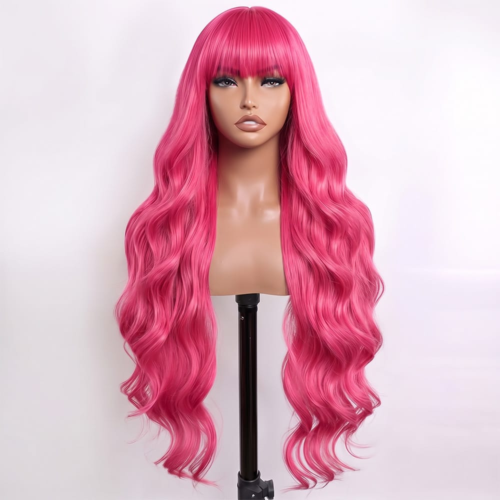 Body Wave Human Hair Wig with Bangs 100% Human Hair Wig – Bangs Style pink LINKTOWIG