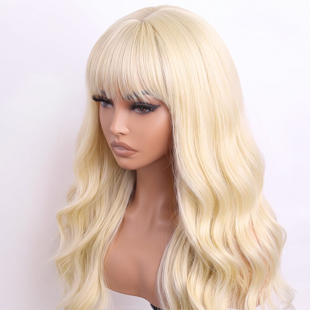 Body Wave Human Hair Wig with Bangs 100% Human Hair Wig – Bangs Style Platinum Blonde LINKTOWIG