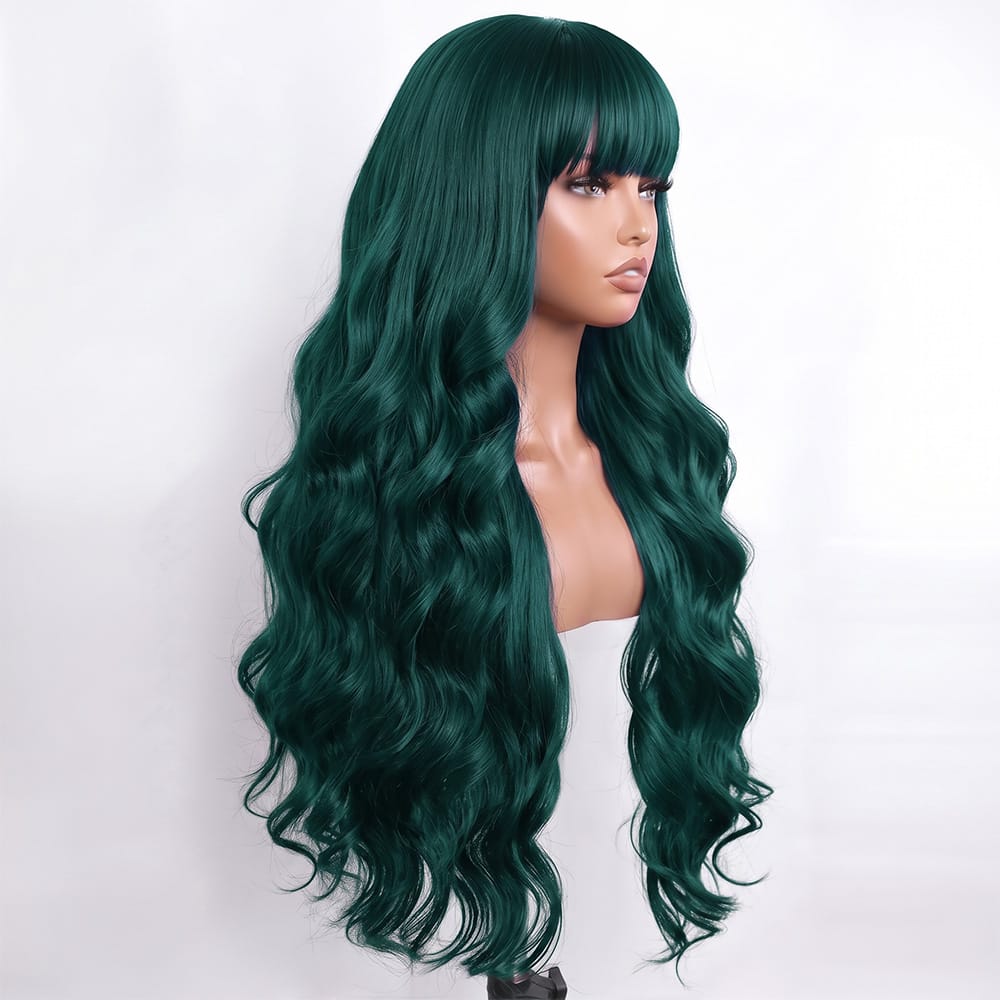 Body Wave Human Hair Wig with Bangs 100% Human Hair Wig – Bangs Style Teal Green LINKTOWIG
