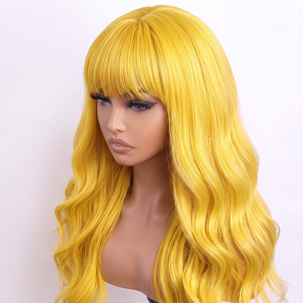 Body Wave Human Hair Wig with Bangs 100% Human Hair Wig – Bangs Style Yellow LINKTOWIG