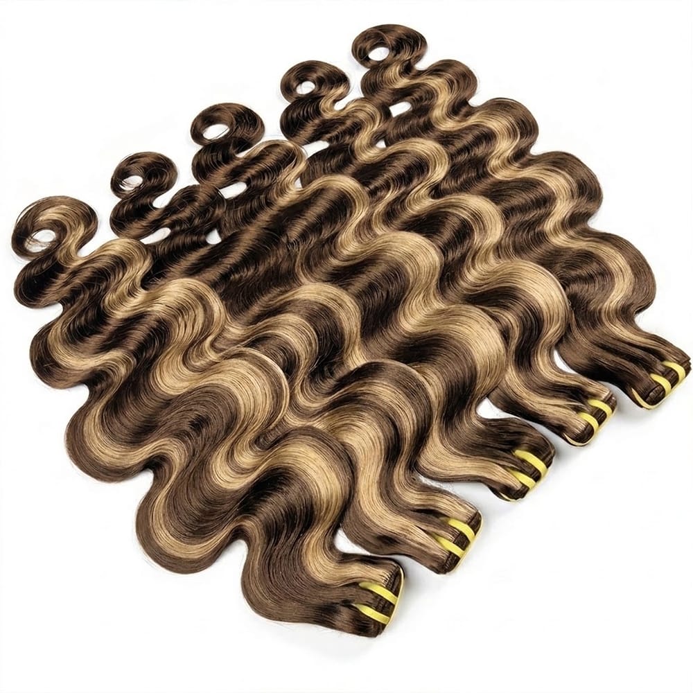Body Wave Luxury Natural Hair Weft – 100% Virgin Human Hair / Wig Honey Blonde Highlights LINKTOWIG